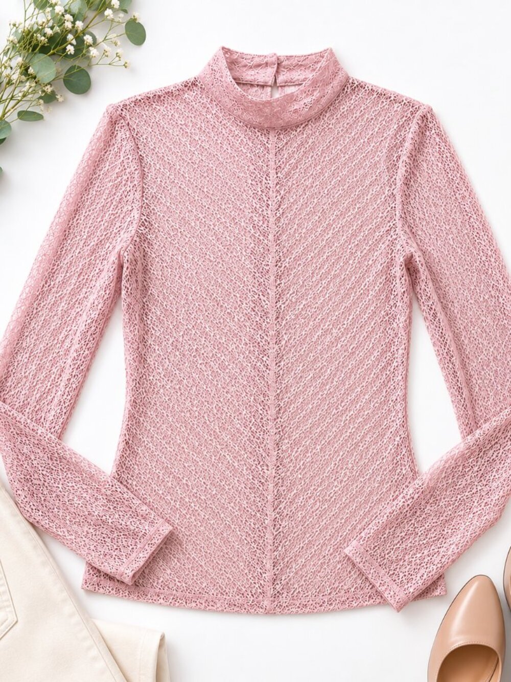 RW&CO Dusty Rose Lace Long Sleeve Mock Neck Blouse Sheer Top Small
